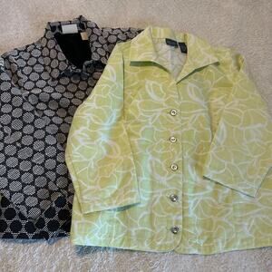 Chicos Blazer 2 Large Chartruese Silver Floral Black White Dots Jacket Lot of 2